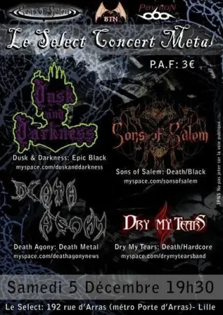 Poster for Dusk and Darkness + Death Agony + Dry My Tears + Sons Of Salem